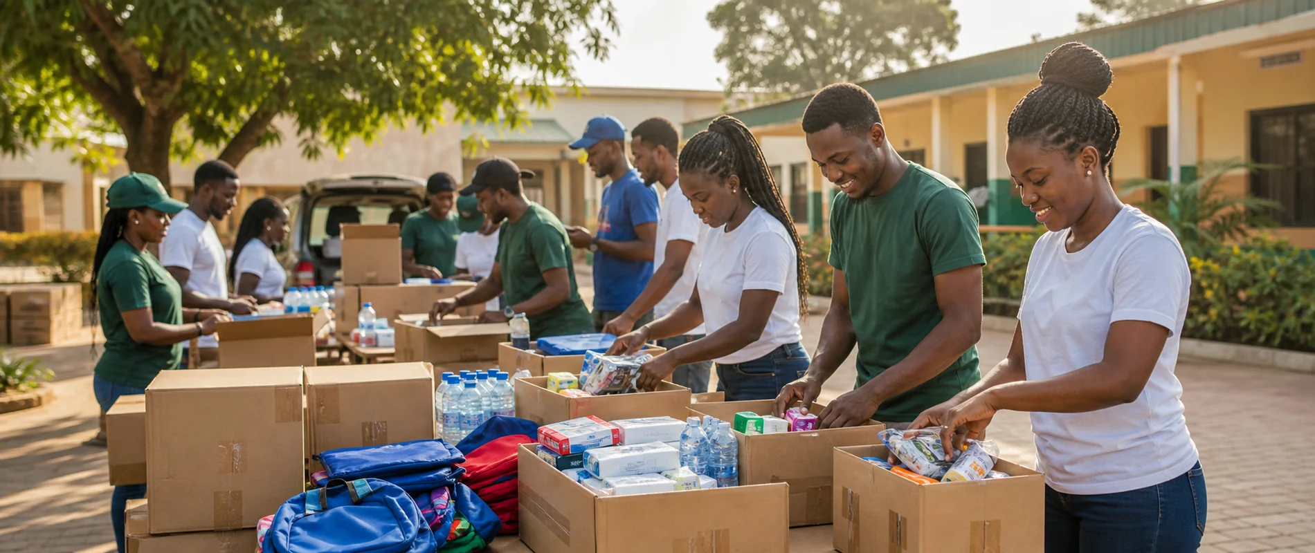Volunteer team preparing community support supplies